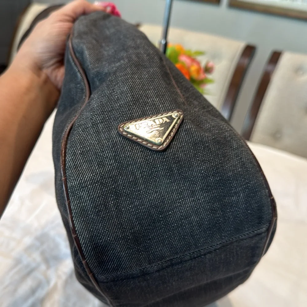 Authentic Prada Dark Denim and Brown Hobo Shoulder Bag - Picture 6 of 16